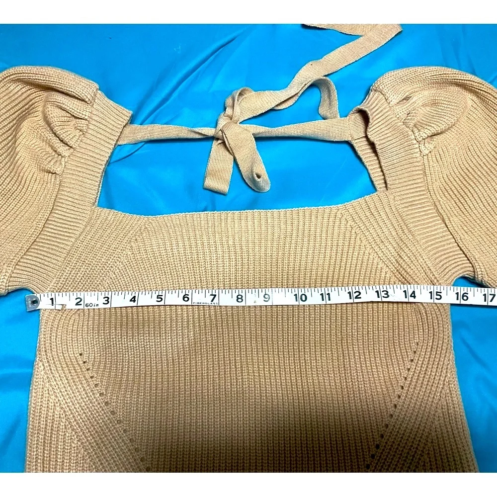 WAYF Leland Tie Back Puff Sleeve Sweater Camel M